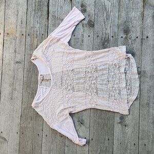 Light Pink Eyeshadow Small Lace Knit 3/4 Sleeve Blouse Shirt Boho Flirty